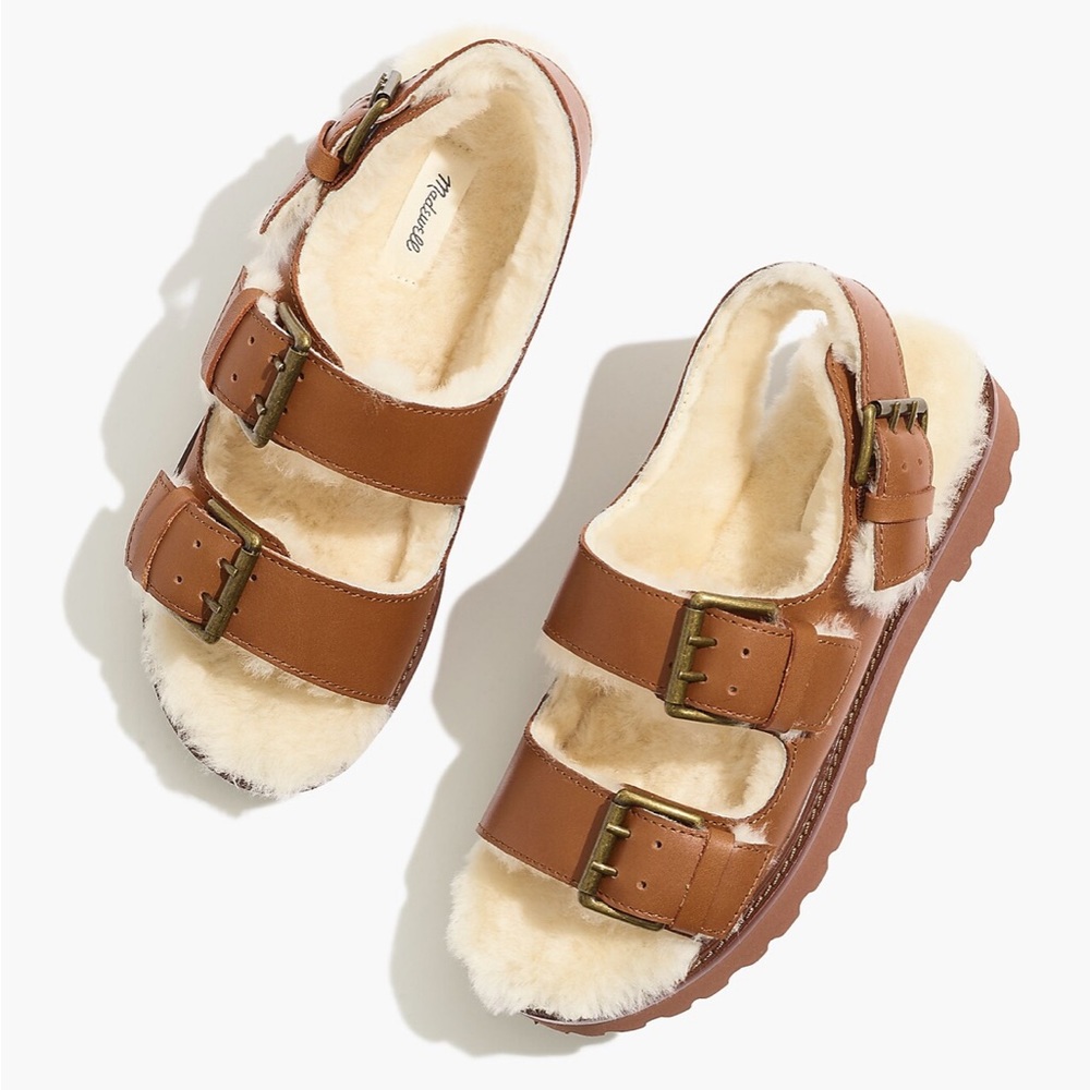 NEW! Madewell The Shearling-Lined Madelyn Sandal Size 7 Golden Pecan Buckle